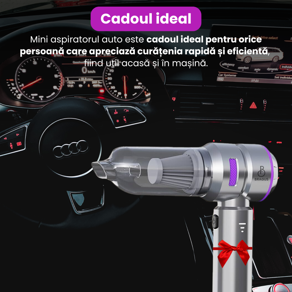 Mini Aspirator Auto Portabil, 16000 PA, Baterie 6000mAh, 100W, 90000RPM, Autonomie 30min, Aspirare, Suflare, Vacuum, 3 Viteze, 9 Accesorii, 3 Filtre HEPA Reutilizabile, Pentru Masina si Casa [7]