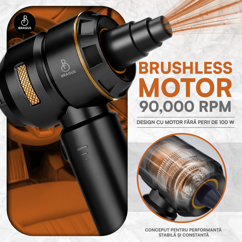 Mini Aspirator Auto Portabil, 16000 PA, Baterie 6000mAh, 100W, 90000RPM, Autonomie 30min, Aspirare, Suflare, Vacuum, 3 Viteze, 9 Accesorii, 3 Filtre HEPA Reutilizabile, Pentru Masina si Casa [4]