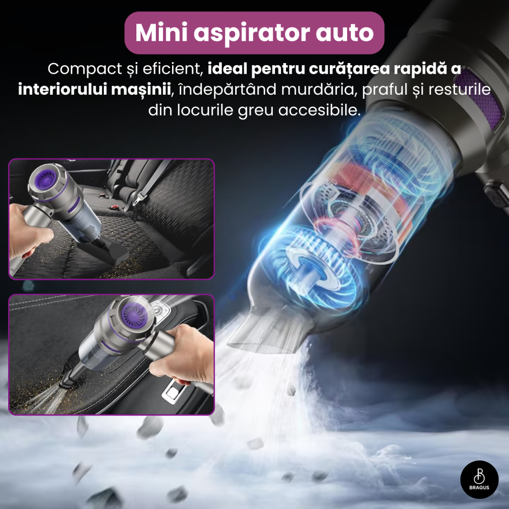 Mini Aspirator Auto Portabil, 16000 PA, Baterie 6000mAh, 100W, 90000RPM, Autonomie 30min, Aspirare, Suflare, Vacuum, 3 Viteze, 9 Accesorii, 3 Filtre HEPA Reutilizabile, Pentru Masina si Casa [9]
