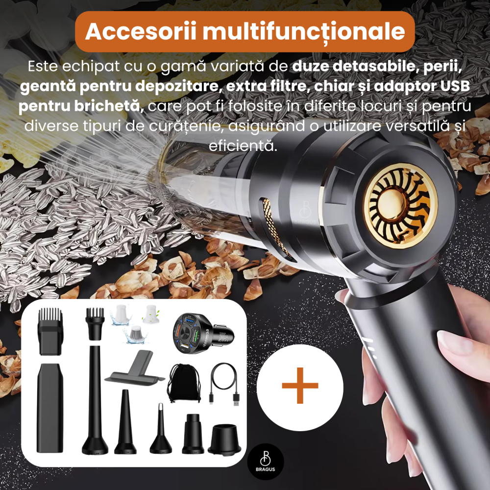 Mini Aspirator Auto Portabil, 16000 PA, Baterie 6000mAh, 100W, 90000RPM, Autonomie 30min, Aspirare, Suflare, Vacuum, 3 Viteze, 9 Accesorii, 3 Filtre HEPA Reutilizabile, Pentru Masina si Casa [12]