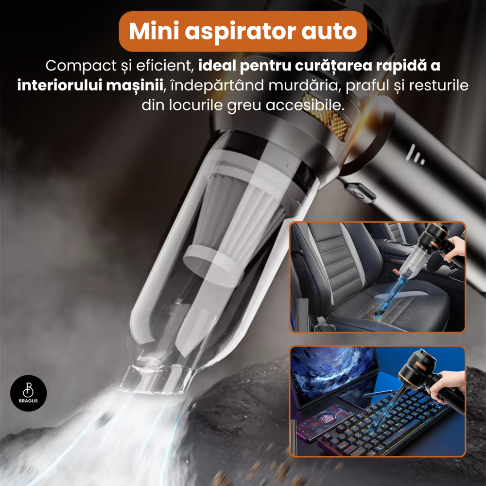 Mini Aspirator Auto Portabil, 16000 PA, Baterie 6000mAh, 100W, 90000RPM, Autonomie 30min, Aspirare, Suflare, Vacuum, 3 Viteze, 9 Accesorii, 3 Filtre HEPA Reutilizabile, Pentru Masina si Casa [9]