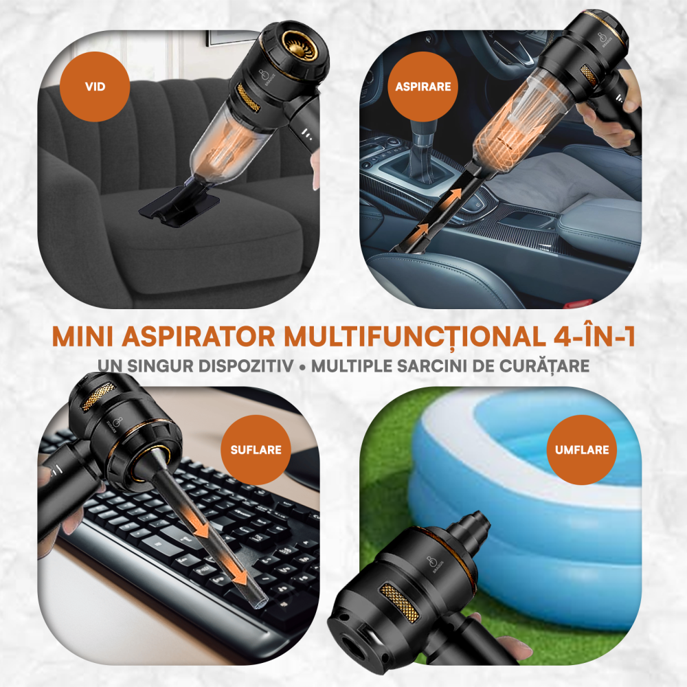 Mini Aspirator Auto Portabil, 16000 PA, Baterie 6000mAh, 100W, 90000RPM, Autonomie 30min, Aspirare, Suflare, Vacuum, 3 Viteze, 9 Accesorii, 3 Filtre HEPA Reutilizabile, Pentru Masina si Casa [7]