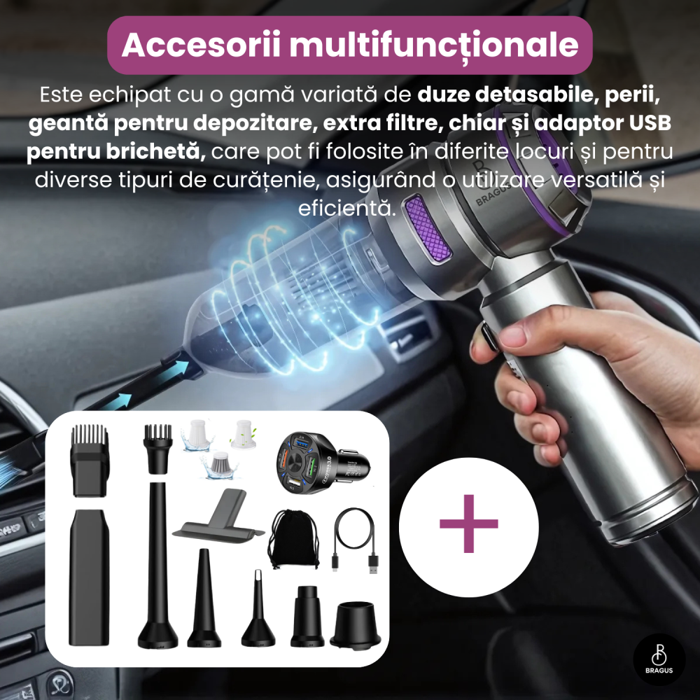 Mini Aspirator Auto Portabil, 16000 PA, Baterie 6000mAh, 100W, 90000RPM, Autonomie 30min, Aspirare, Suflare, Vacuum, 3 Viteze, 9 Accesorii, 3 Filtre HEPA Reutilizabile, Pentru Masina si Casa [12]