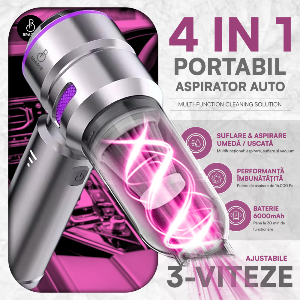 Mini Aspirator Auto Portabil, 16000 PA, Baterie 6000mAh, 100W, 90000RPM, Autonomie 30min, Aspirare, Suflare, Vacuum, 3 Viteze, 9 Accesorii, 3 Filtre HEPA Reutilizabile, Pentru Masina si Casa [2]