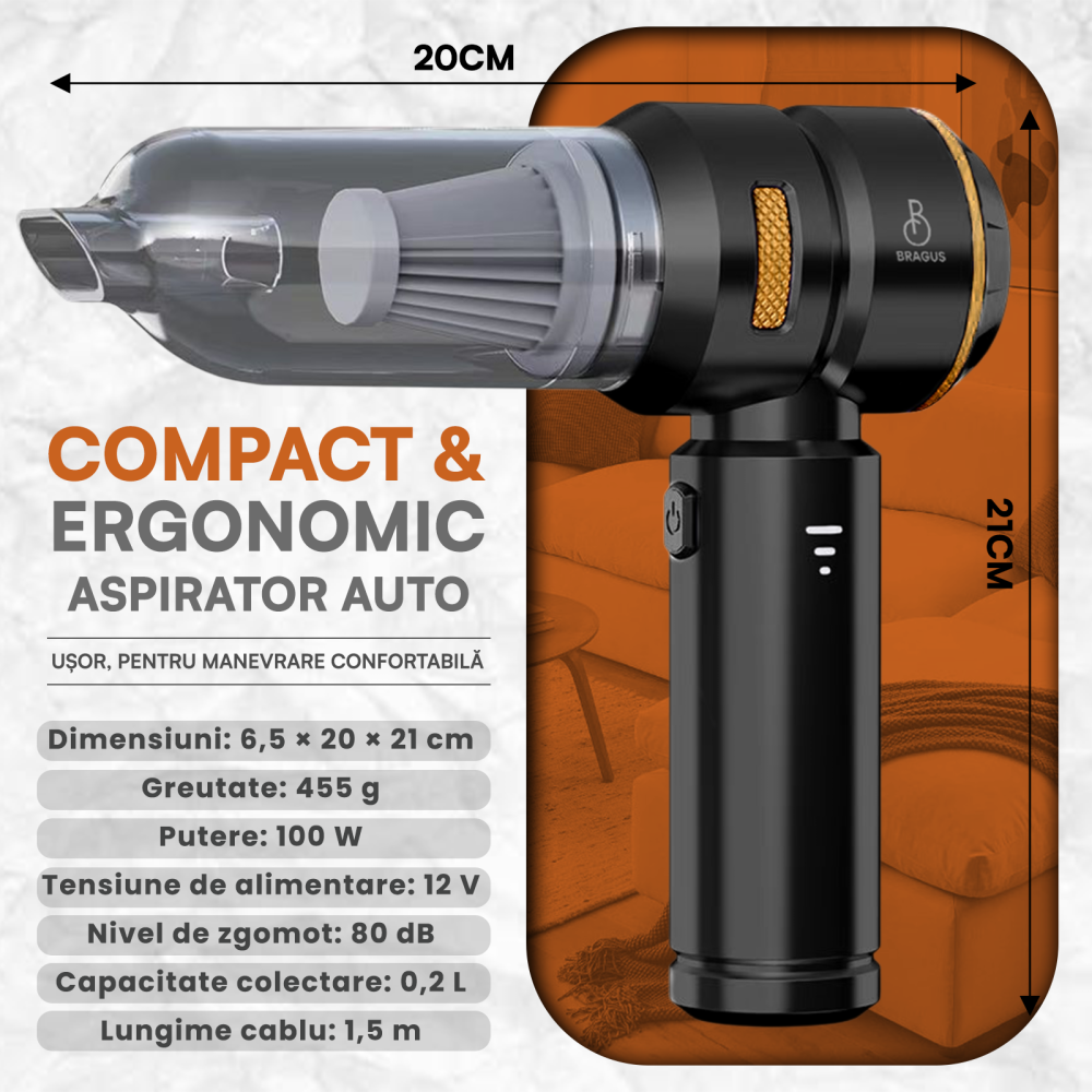 Mini Aspirator Auto Portabil, 16000 PA, Baterie 6000mAh, 100W, 90000RPM, Autonomie 30min, Aspirare, Suflare, Vacuum, 3 Viteze, 9 Accesorii, 3 Filtre HEPA Reutilizabile, Pentru Masina si Casa [5]
