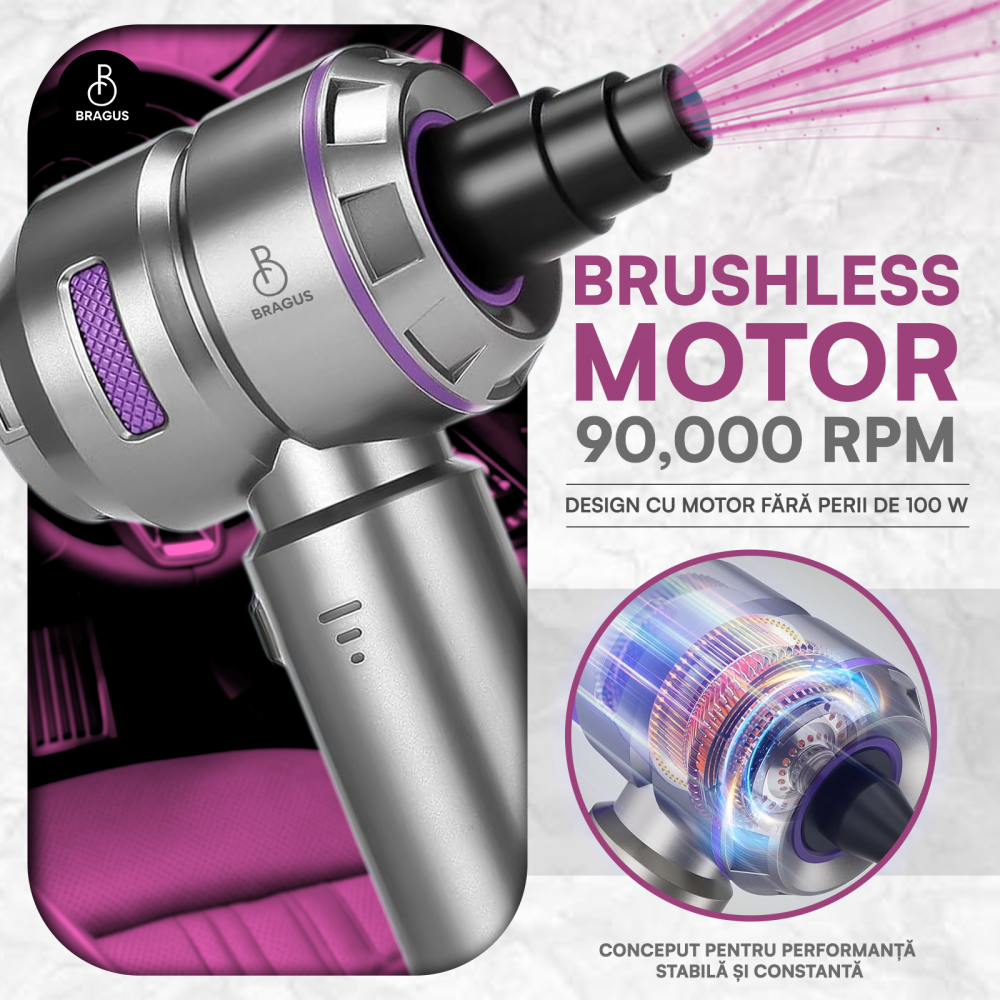 Mini Aspirator Auto Portabil, 16000 PA, Baterie 6000mAh, 100W, 90000RPM, Autonomie 30min, Aspirare, Suflare, Vacuum, 3 Viteze, 9 Accesorii, 3 Filtre HEPA Reutilizabile, Pentru Masina si Casa [4]