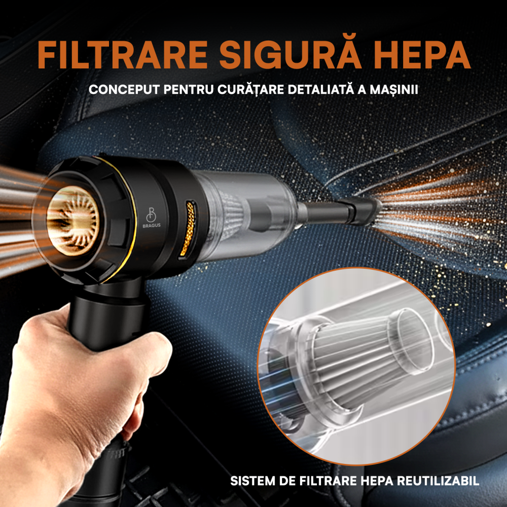 Mini Aspirator Auto Portabil, 16000 PA, Baterie 6000mAh, 100W, 90000RPM, Autonomie 30min, Aspirare, Suflare, Vacuum, 3 Viteze, 9 Accesorii, 3 Filtre HEPA Reutilizabile, Pentru Masina si Casa [8]