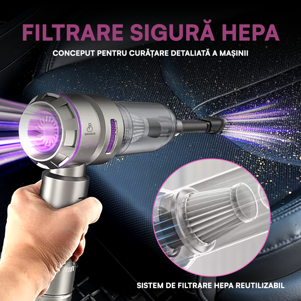 Mini Aspirator Auto Portabil, 16000 PA, Baterie 6000mAh, 100W, 90000RPM, Autonomie 30min, Aspirare, Suflare, Vacuum, 3 Viteze, 9 Accesorii, 3 Filtre HEPA Reutilizabile, Pentru Masina si Casa [8]