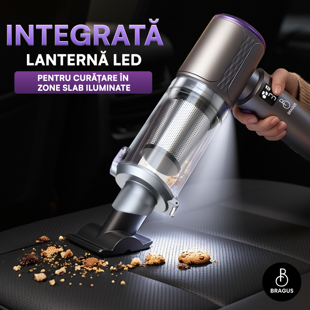 Mini Aspirator Auto Portabil, 20000 PA, Baterie 6000mAh, 130W, 110000RPM, Autonomie pana la 42min, Lumina LED, Aspirare, Suflare, Vacuum, 3 Viteze, 7 Accesorii, Lumina LED, 2 Filtre HEPA, Pentru Masin [8]