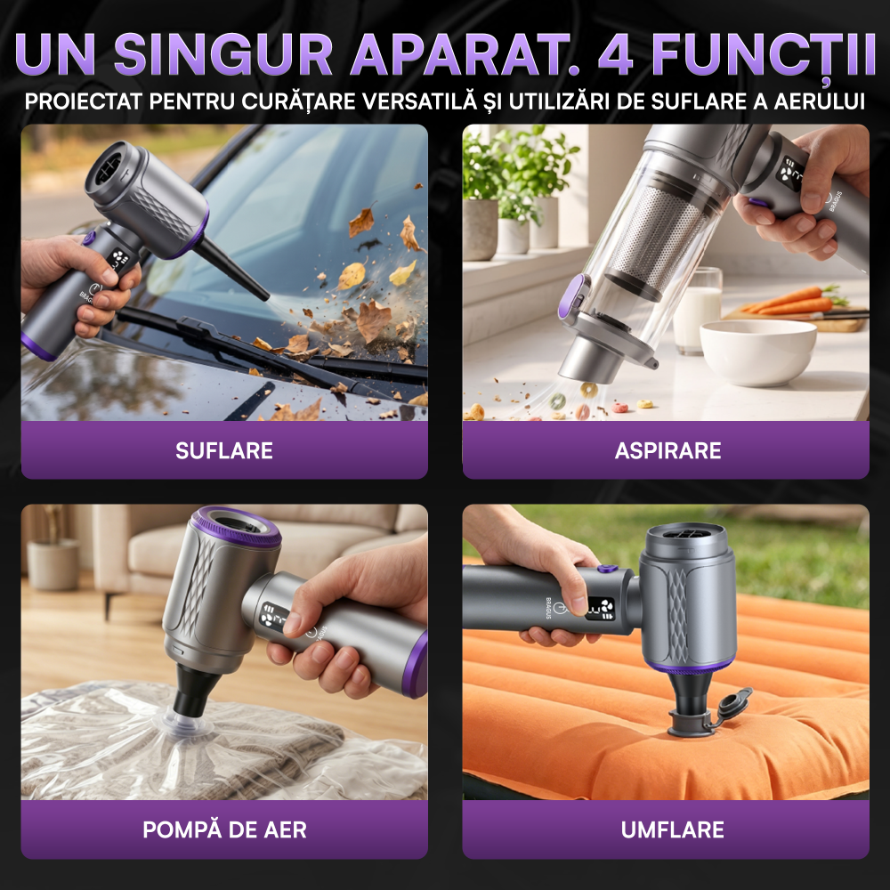 Mini Aspirator Auto Portabil, 20000 PA, Baterie 6000mAh, 130W, 110000RPM, Autonomie pana la 42min, Lumina LED, Aspirare, Suflare, Vacuum, 3 Viteze, 7 Accesorii, Lumina LED, 2 Filtre HEPA, Pentru Masin [7]