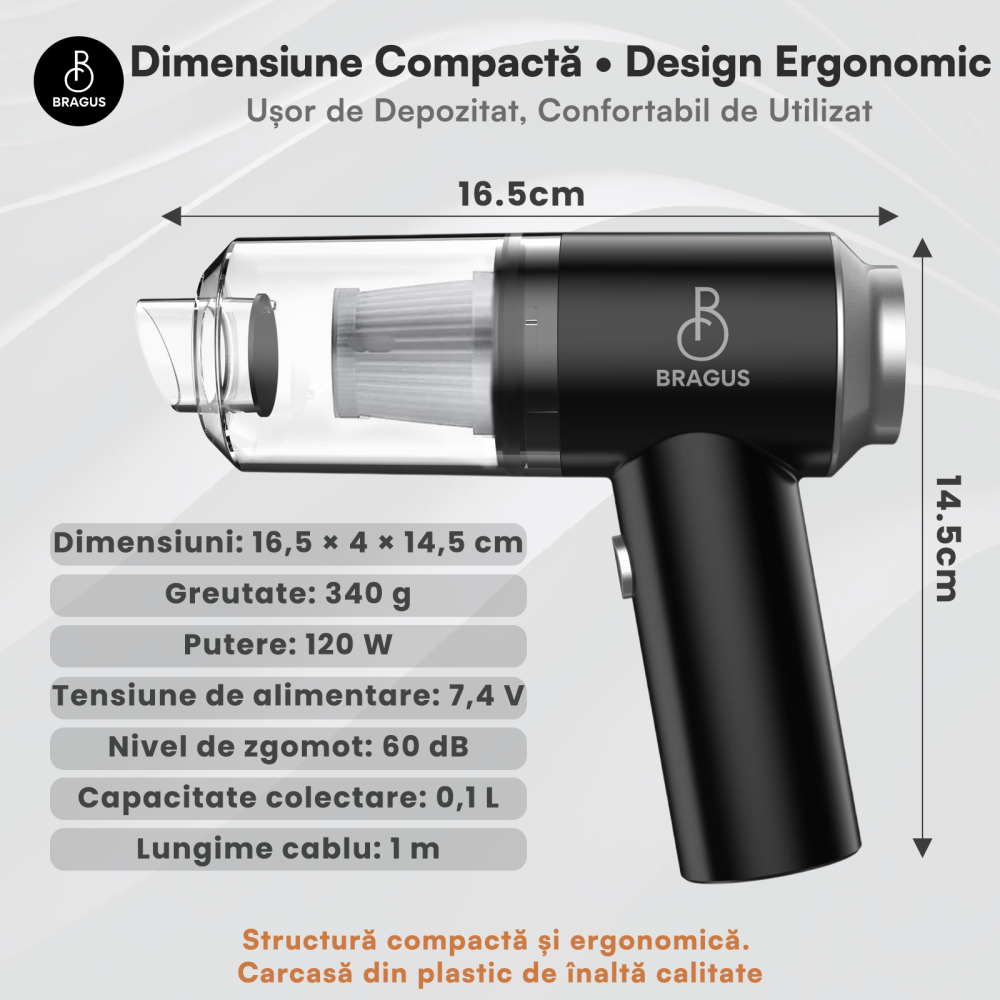 Mini Aspirator Auto Portabil, Acumulator 2400mAh, 9000Pa, 120W, Autonomie 30min, 2 in 1 Aspirare Suflare, Vidare, Umflare, LED, Filtru HEPA, 3 Filtre Incluse, pentru Masina si Casa, Incarcare USB [4]