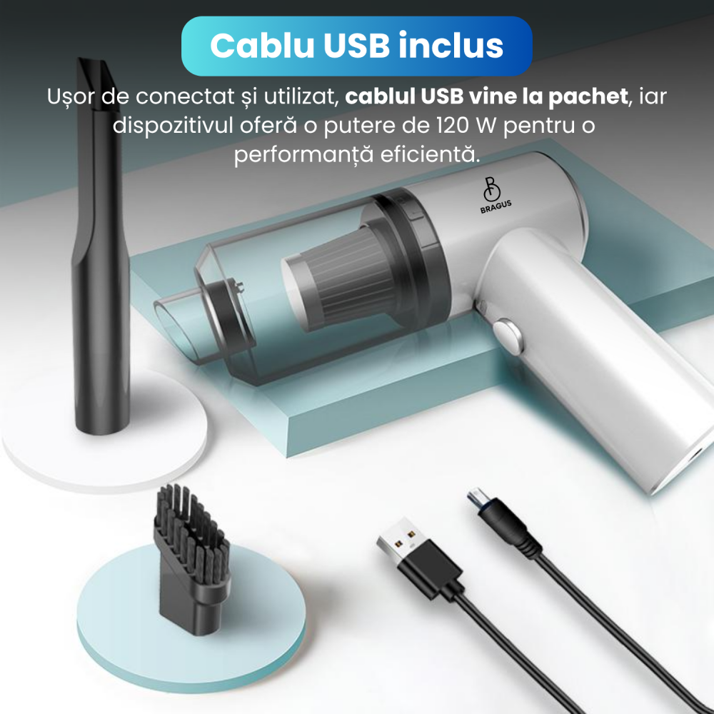 Mini Aspirator Auto Portabil, Acumulator 2400mAh, 9000Pa, 120W, Autonomie 30min, 2 in 1 Aspirare Suflare, Vidare, Umflare, LED, Filtru HEPA, 3 Filtre Incluse, pentru Masina si Casa, Incarcare USB [11]