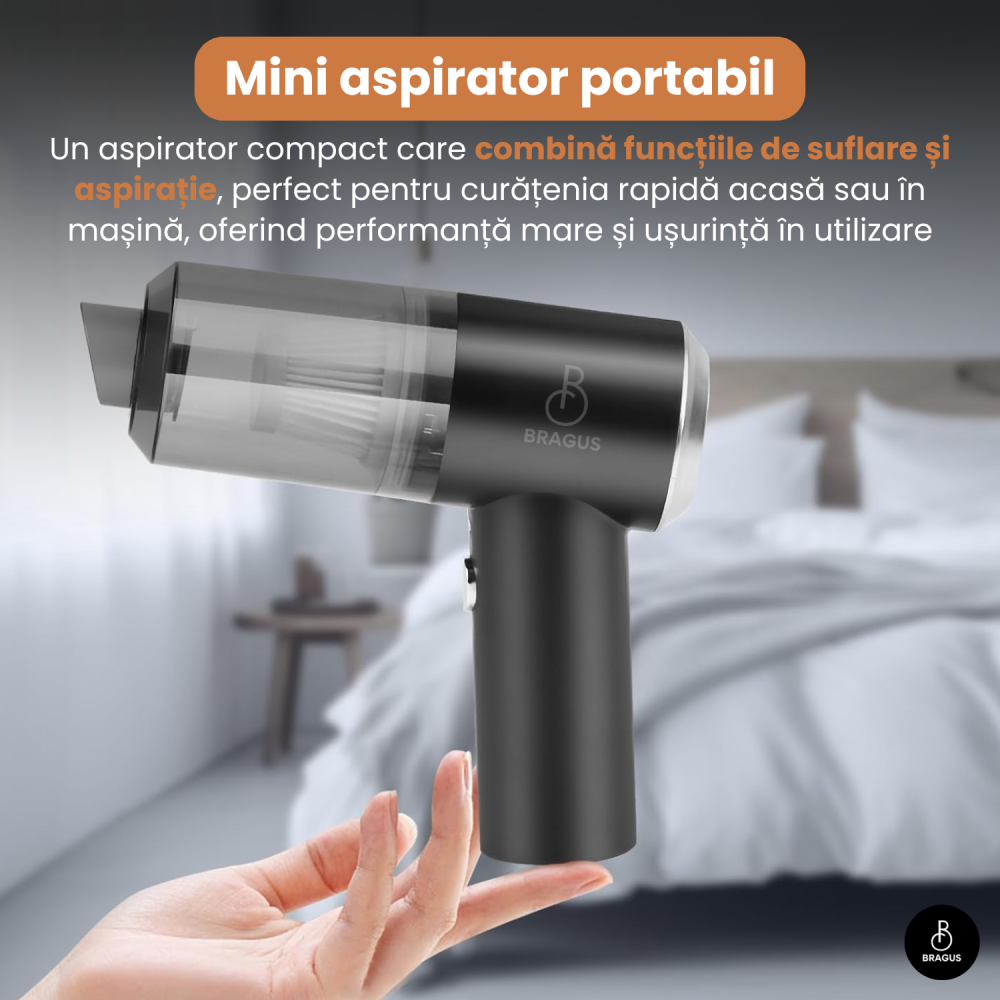 Mini Aspirator Auto Portabil, Acumulator 2400mAh, 9000Pa, 120W, Autonomie 30min, 2 in 1 Aspirare Suflare, Vidare, Umflare, LED, Filtru HEPA, 3 Filtre Incluse, pentru Masina si Casa, Incarcare USB [9]