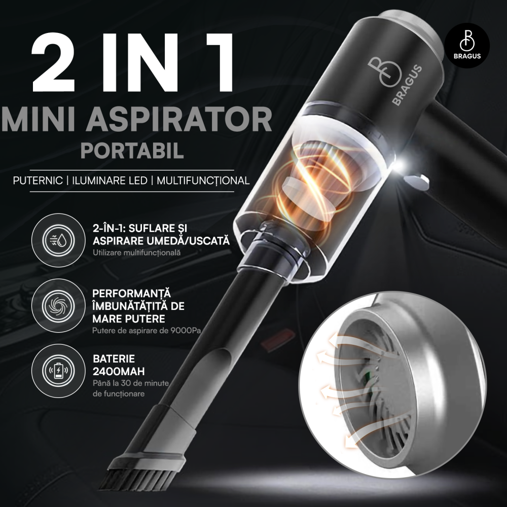Mini Aspirator Auto Portabil, Acumulator 2400mAh, 9000Pa, 120W, Autonomie 30min, 2 in 1 Aspirare Suflare, Vidare, Umflare, LED, Filtru HEPA, 3 Filtre Incluse, pentru Masina si Casa, Incarcare USB [2]