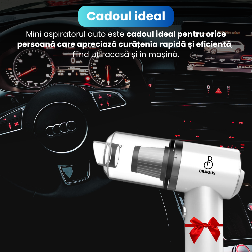 Mini Aspirator Auto Portabil, Acumulator 2400mAh, 9000Pa, 120W, Autonomie 30min, 2 in 1 Aspirare Suflare, Vidare, Umflare, LED, Filtru HEPA, 3 Filtre Incluse, pentru Masina si Casa, Incarcare USB [13]
