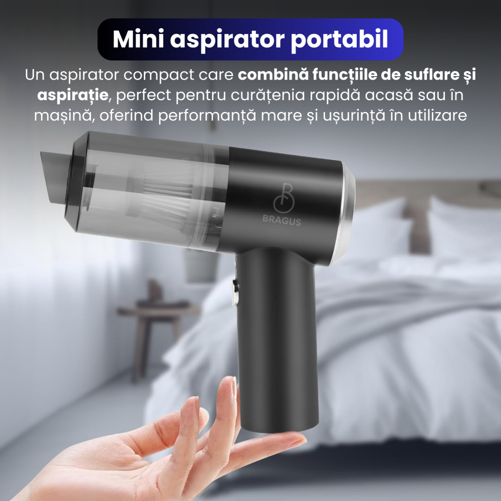 Mini Aspirator Auto Portabil, Acumulator 2400mAh, 9000Pa, 120W, Autonomie 30min, 2 in 1 Aspirare Suflare, Vidare, Umflare, LED, Filtru HEPA, 3 Filtre Incluse, pentru Masina si Casa, Incarcare USB [2]