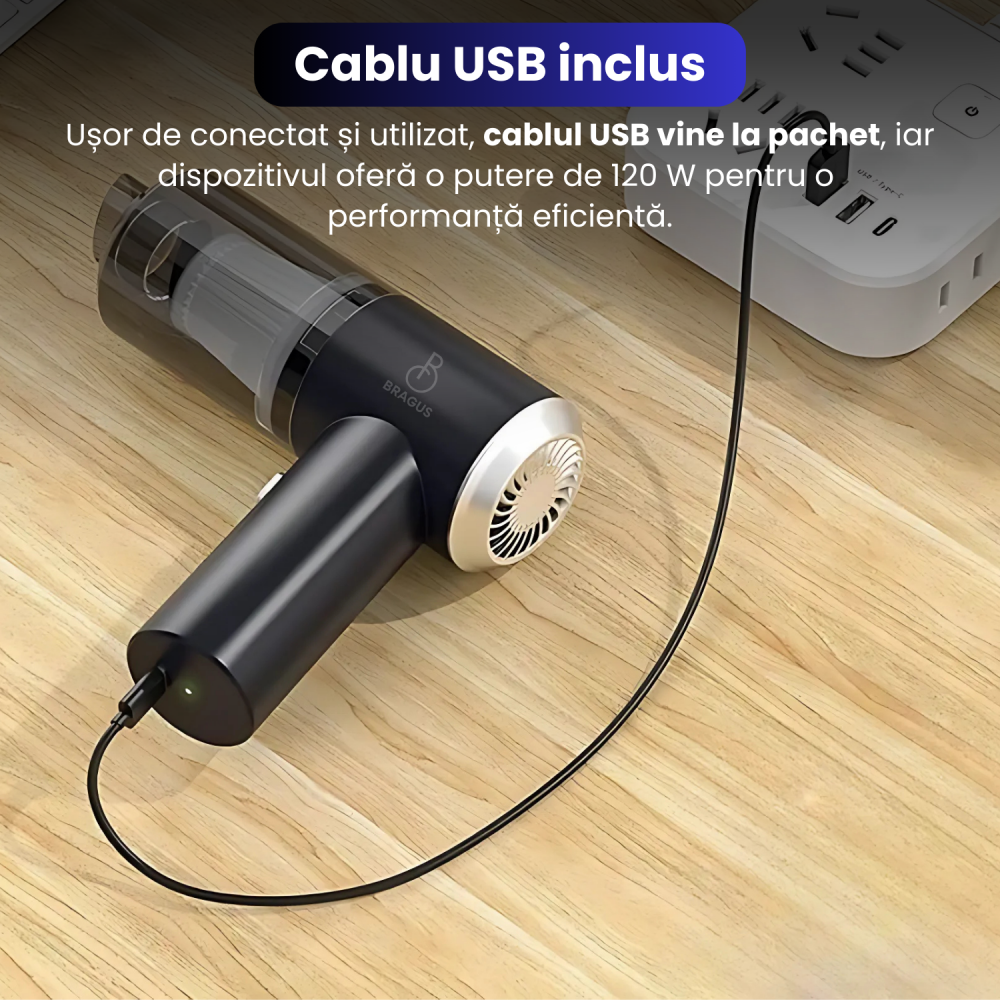 Mini Aspirator Auto Portabil, Acumulator 2400mAh, 9000Pa, 120W, Autonomie 30min, 2 in 1 Aspirare Suflare, Vidare, Umflare, LED, Filtru HEPA, 3 Filtre Incluse, pentru Masina si Casa, Incarcare USB [5]
