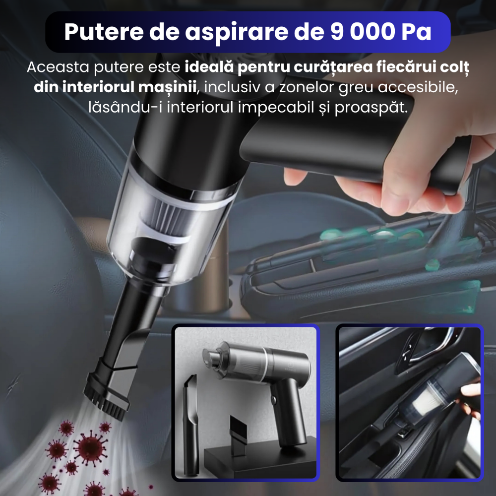 Mini Aspirator Auto Portabil, Acumulator 2400mAh, 9000Pa, 120W, Autonomie 30min, 2 in 1 Aspirare Suflare, Vidare, Umflare, LED, Filtru HEPA, 3 Filtre Incluse, pentru Masina si Casa, Incarcare USB [4]