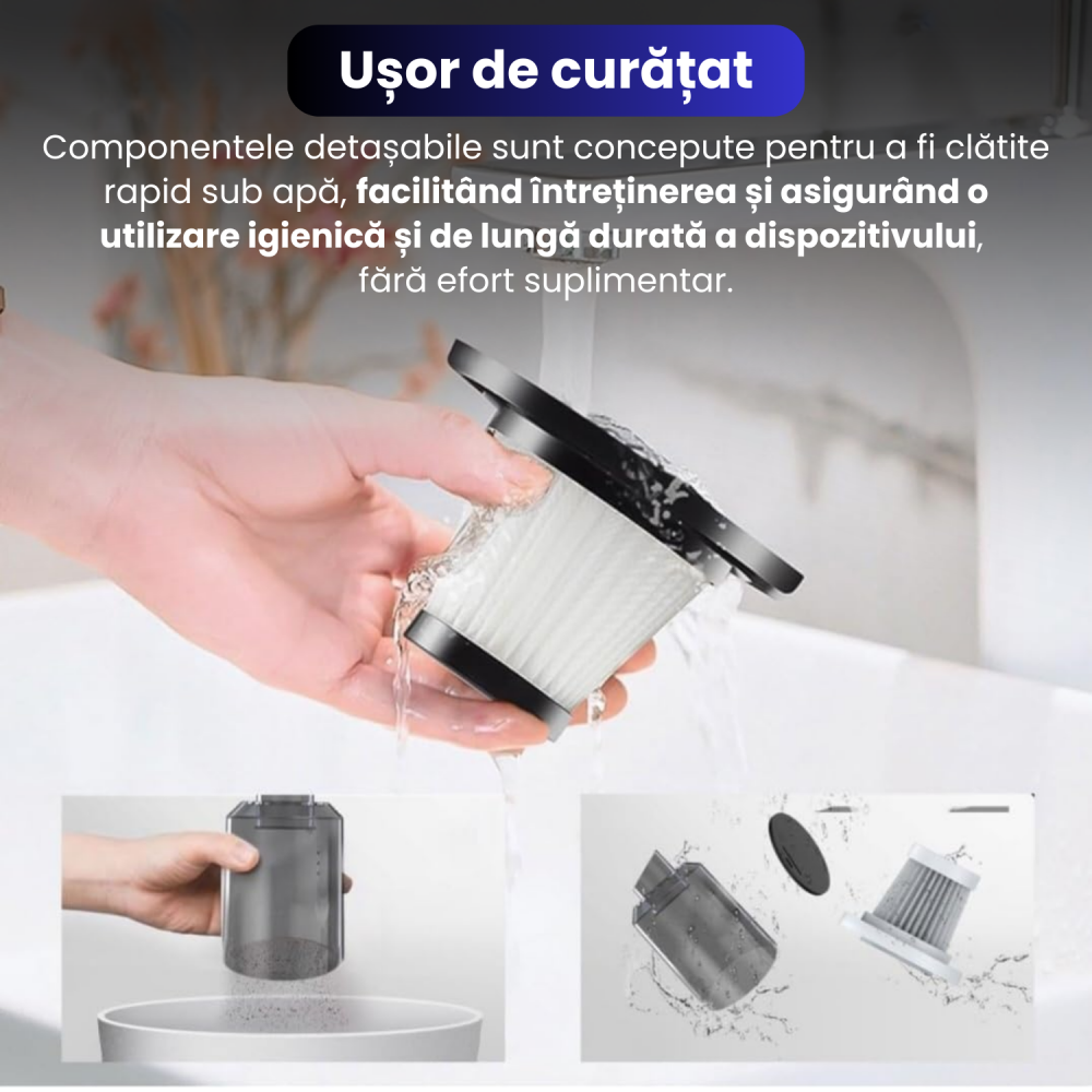 Mini Aspirator Auto Portabil, Acumulator 2400mAh, 9000Pa, 120W, Autonomie 30min, 2 in 1 Aspirare Suflare, Vidare, Umflare, LED, Filtru HEPA, 3 Filtre Incluse, pentru Masina si Casa, Incarcare USB [3]