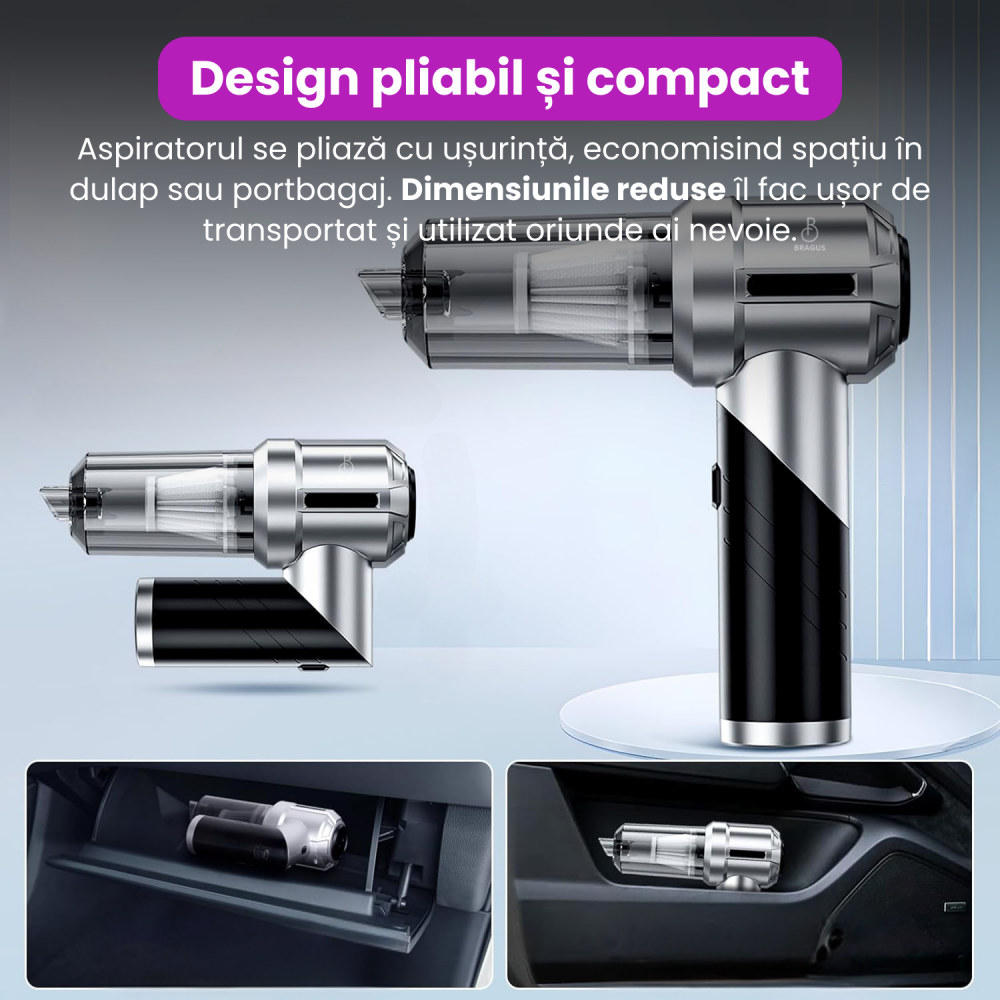 Mini Aspirator Portabil, BRAGUS, Pliabil, 15000Pa, 100W, Baterie 6000mAh, Autonomie 30min, 2in1 Aspirare si Suflare, Vidare, Umflare, 8 Accesorii, 3 Viteze, Filtru HEPA Reutilizabil, 3 Filtre Incluse [5]