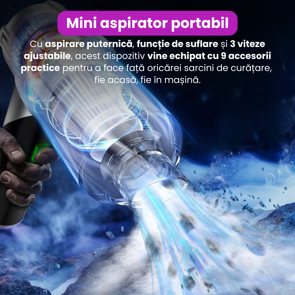Mini Aspirator Portabil, BRAGUS, Pliabil, 15000Pa, 100W, Baterie 6000mAh, Autonomie 30min, 2in1 Aspirare si Suflare, Vidare, Umflare, 8 Accesorii, 3 Viteze, Filtru HEPA Reutilizabil, 3 Filtre Incluse [6]