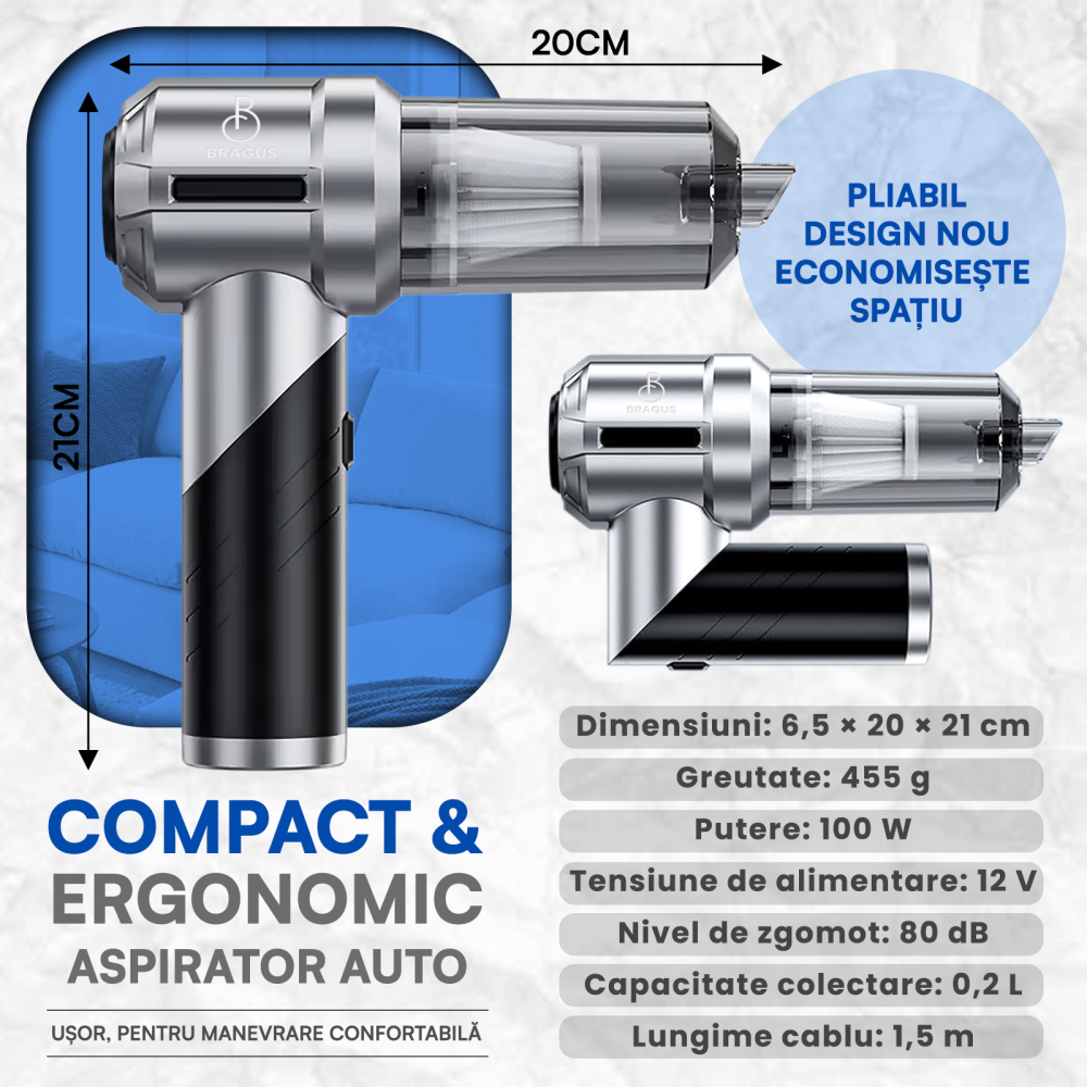 Mini Aspirator Portabil, BRAGUS, Pliabil, 15000Pa, 100W, Baterie 6000mAh, Autonomie 30min, 2in1 Aspirare si Suflare, Vidare, Umflare, 8 Accesorii, 3 Viteze, Filtru HEPA Reutilizabil, 3 Filtre Incluse [5]