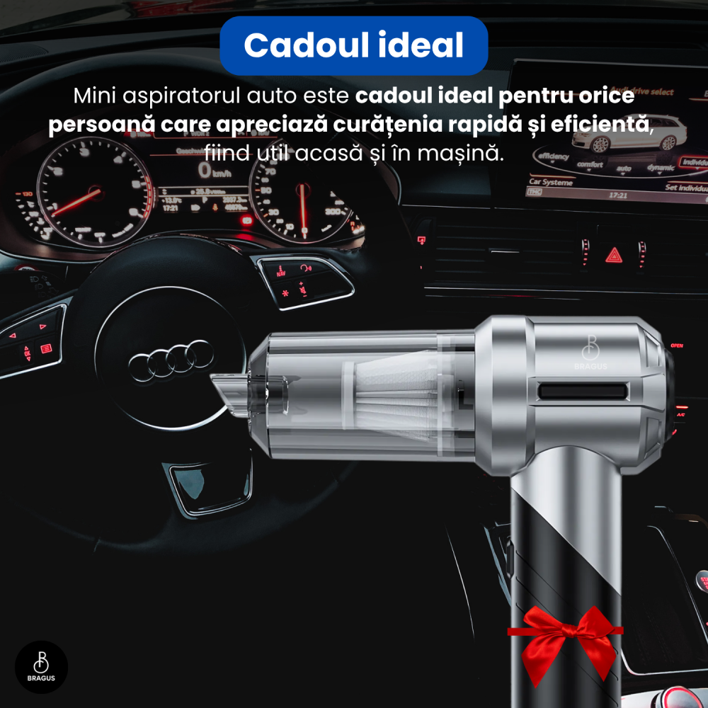 Mini Aspirator Portabil, BRAGUS, Pliabil, 15000Pa, 100W, Baterie 6000mAh, Autonomie 30min, 2in1 Aspirare si Suflare, Vidare, Umflare, 8 Accesorii, 3 Viteze, Filtru HEPA Reutilizabil, 3 Filtre Incluse [14]