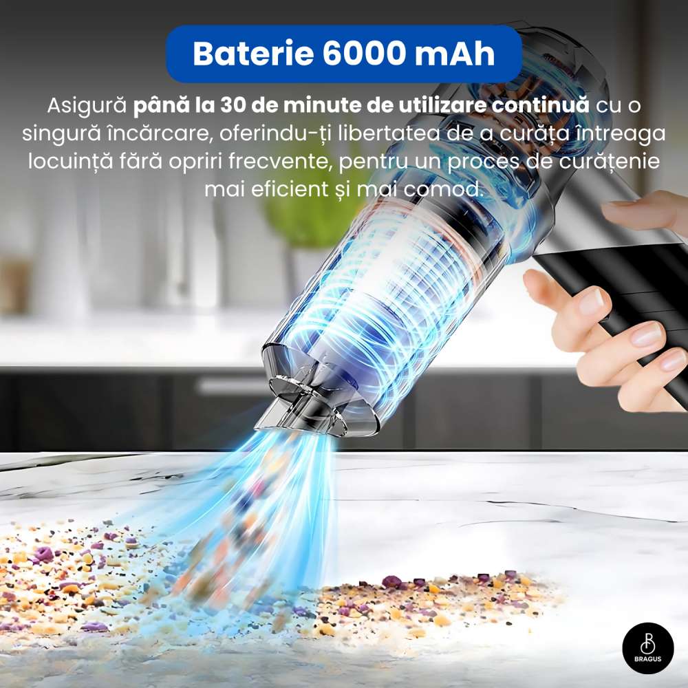Mini Aspirator Portabil, BRAGUS, Pliabil, 15000Pa, 100W, Baterie 6000mAh, Autonomie 30min, 2in1 Aspirare si Suflare, Vidare, Umflare, 8 Accesorii, 3 Viteze, Filtru HEPA Reutilizabil, 3 Filtre Incluse [11]