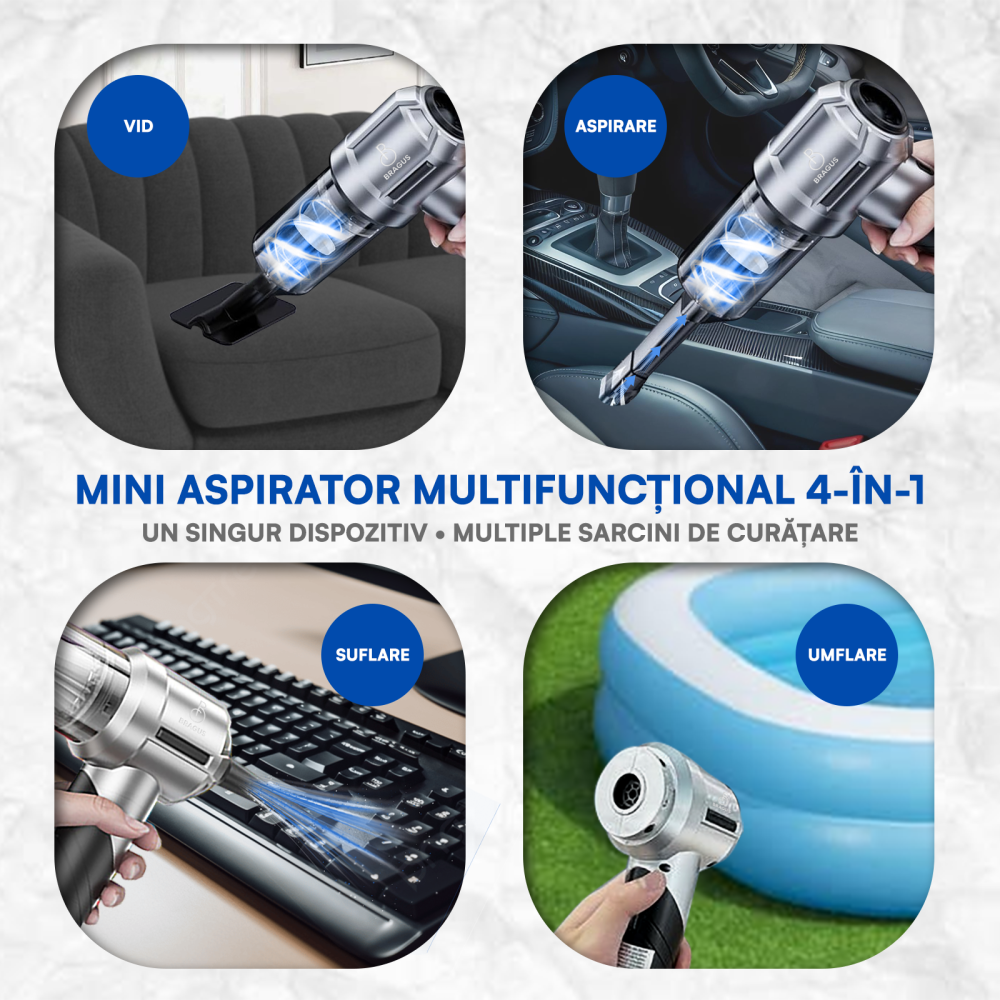 Mini Aspirator Portabil, BRAGUS, Pliabil, 15000Pa, 100W, Baterie 6000mAh, Autonomie 30min, 2in1 Aspirare si Suflare, Vidare, Umflare, 8 Accesorii, 3 Viteze, Filtru HEPA Reutilizabil, 3 Filtre Incluse [7]