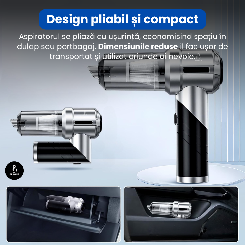 Mini Aspirator Portabil, BRAGUS, Pliabil, 15000Pa, 100W, Baterie 6000mAh, Autonomie 30min, 2in1 Aspirare si Suflare, Vidare, Umflare, 8 Accesorii, 3 Viteze, Filtru HEPA Reutilizabil, 3 Filtre Incluse [10]