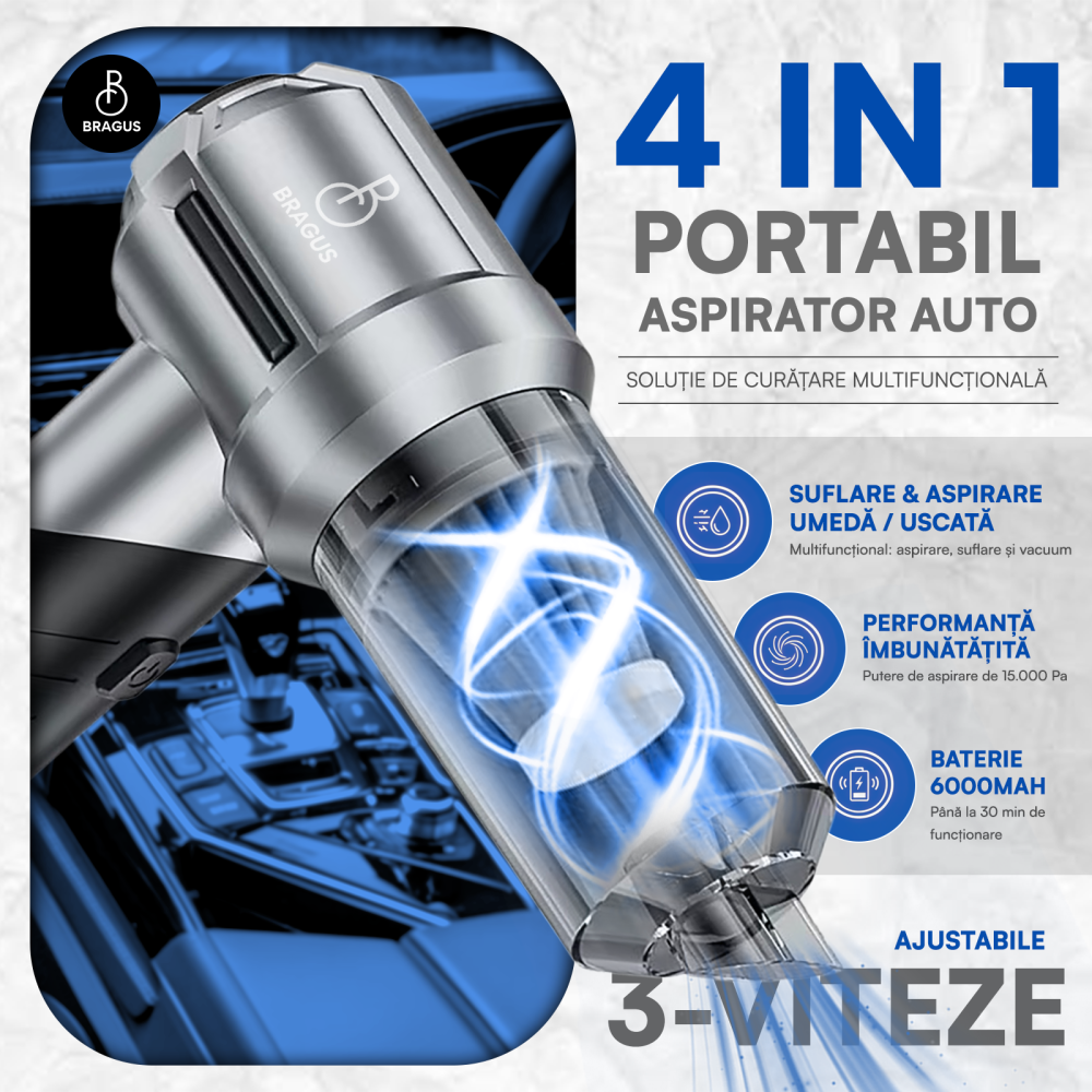 Mini Aspirator Portabil, BRAGUS, Pliabil, 15000Pa, 100W, Baterie 6000mAh, Autonomie 30min, 2in1 Aspirare si Suflare, Vidare, Umflare, 8 Accesorii, 3 Viteze, Filtru HEPA Reutilizabil, 3 Filtre Incluse [2]