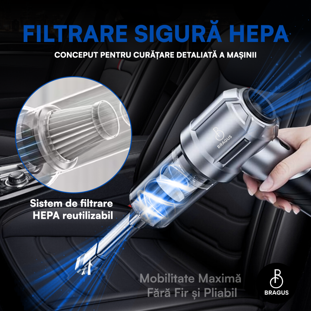 Mini Aspirator Portabil, BRAGUS, Pliabil, 15000Pa, 100W, Baterie 6000mAh, Autonomie 30min, 2in1 Aspirare si Suflare, Vidare, Umflare, 8 Accesorii, 3 Viteze, Filtru HEPA Reutilizabil, 3 Filtre Incluse [8]