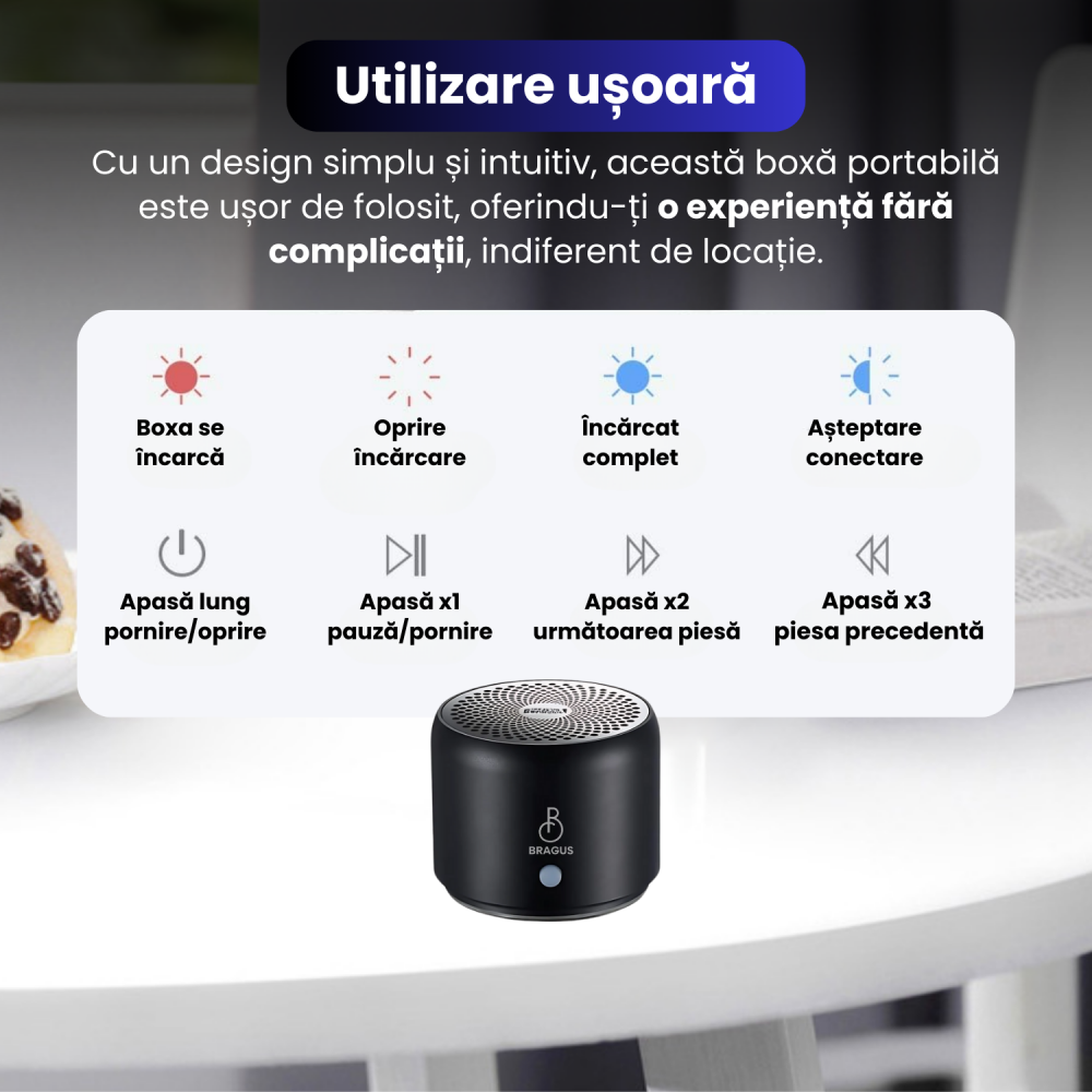 Boxa Portabila Mini, BRAGUS, Boxa Bluetooth 5.0, Rezistenta la Apa IPX7 si Praf, Baterie 700mAh, Autonomie 17h, Bass Puternic, Calitate Audio Excelenta, Stereo, Husa Protectie Inclusa, Wireless, 175g [7]