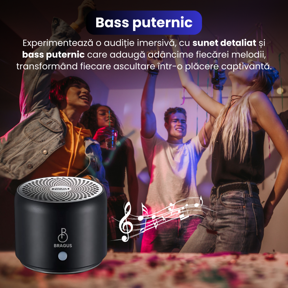 Boxa Portabila Mini, BRAGUS, Boxa Bluetooth 5.0, Rezistenta la Apa IPX7 si Praf, Baterie 700mAh, Autonomie 17h, Bass Puternic, Calitate Audio Excelenta, Stereo, Husa Protectie Inclusa, Wireless, 175g [3]