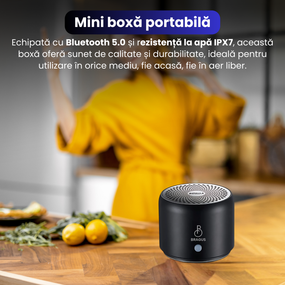 Boxa Portabila Mini, BRAGUS, Boxa Bluetooth 5.0, Rezistenta la Apa IPX7 si Praf, Baterie 700mAh, Autonomie 17h, Bass Puternic, Calitate Audio Excelenta, Stereo, Husa Protectie Inclusa, Wireless, 175g [2]
