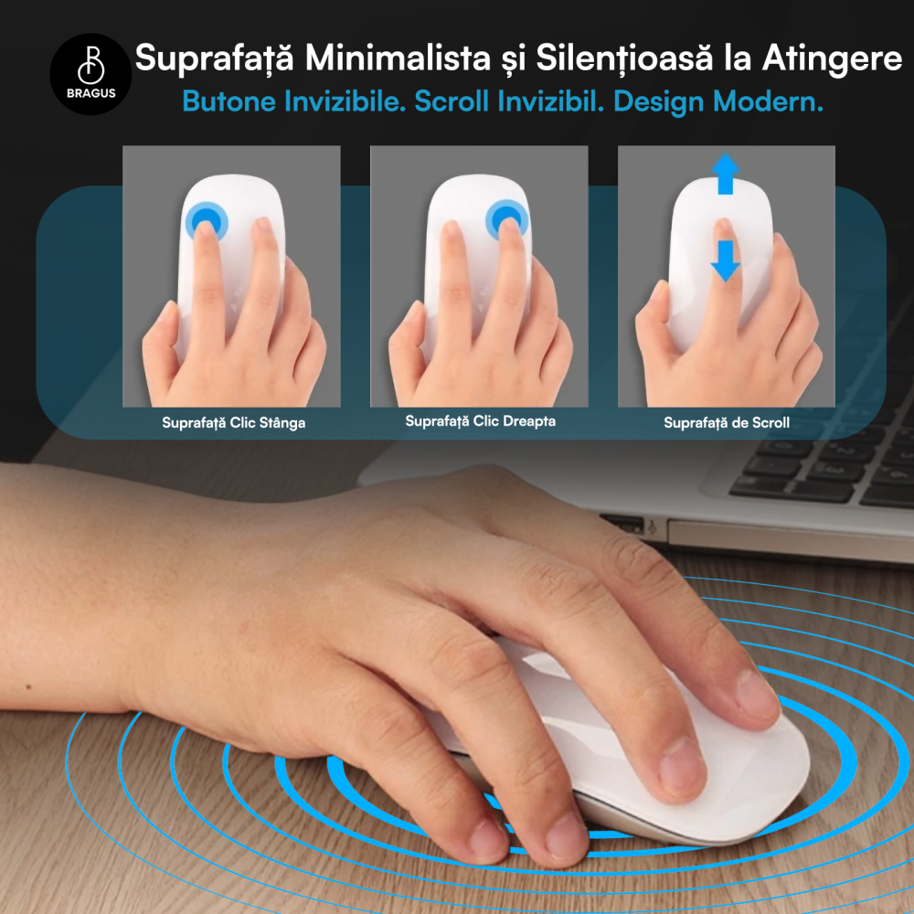 Mouse Wireless cu Gesturi, BRAGUS, Reincarcabil USB-C, Ultra Subtire, 1600 dpi, 68gr, Mouse Touch cu Gesturi, Silentios, Design Elegant, Compact, Mouse fara fir, Compatibil cu Laptop, Telefon, Tableta [4]