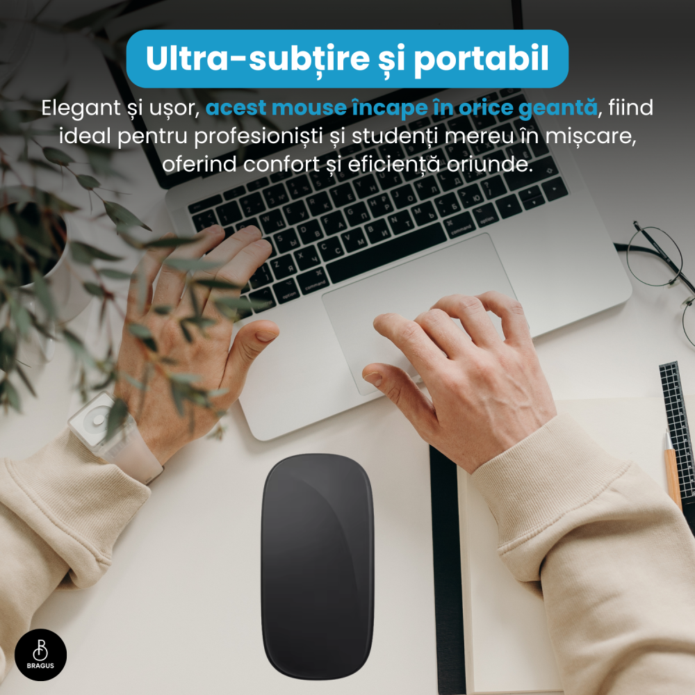 Mouse Wireless cu Gesturi, BRAGUS, Reincarcabil USB-C, Ultra Subtire, 1600 dpi, 68gr, Mouse Touch cu Gesturi, Silentios, Design Elegant, Compact, Mouse fara fir, Compatibil cu Laptop, Telefon, Tableta [10]