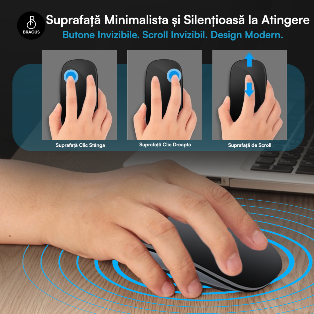 Mouse Wireless cu Gesturi, BRAGUS, Reincarcabil USB-C, Ultra Subtire, 1600 dpi, 68gr, Mouse Touch cu Gesturi, Silentios, Design Elegant, Compact, Mouse fara fir, Compatibil cu Laptop, Telefon, Tableta [4]