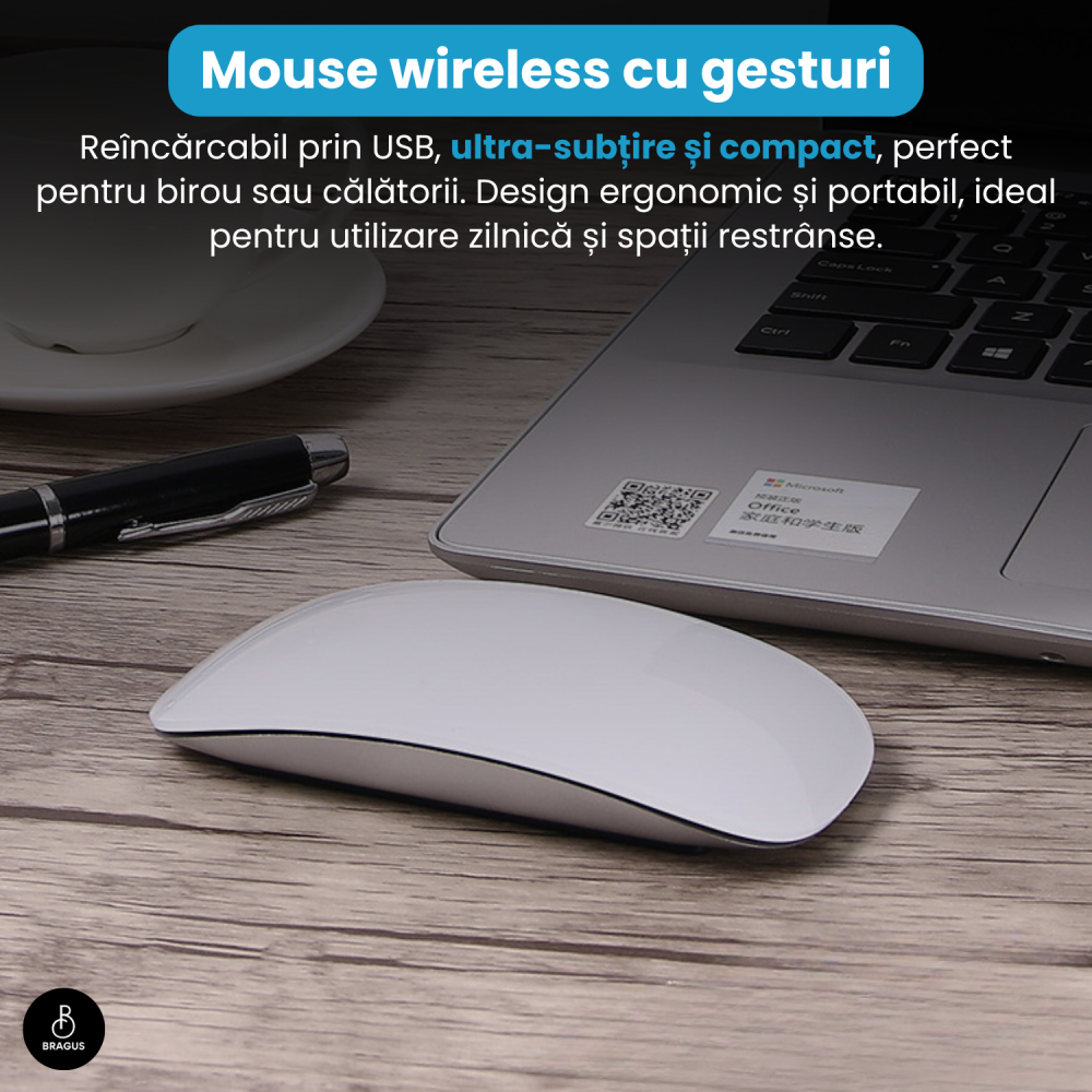 Mouse Wireless cu Gesturi, BRAGUS, Reincarcabil USB-C, Ultra Subtire, 1600 dpi, 68gr, Mouse Touch cu Gesturi, Silentios, Design Elegant, Compact, Mouse fara fir, Compatibil cu Laptop, Telefon, Tableta [9]