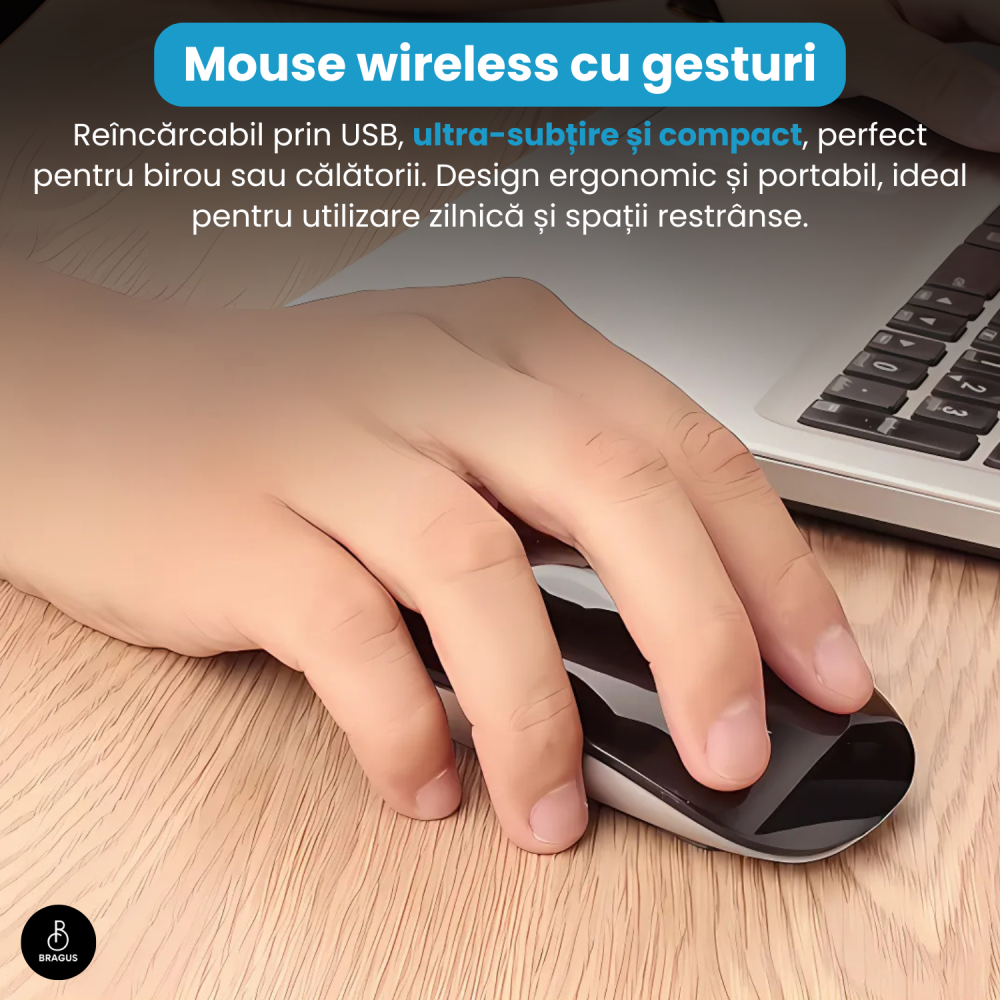 Mouse Wireless cu Gesturi, BRAGUS, Reincarcabil USB-C, Ultra Subtire, 1600 dpi, 68gr, Mouse Touch cu Gesturi, Silentios, Design Elegant, Compact, Mouse fara fir, Compatibil cu Laptop, Telefon, Tableta [9]