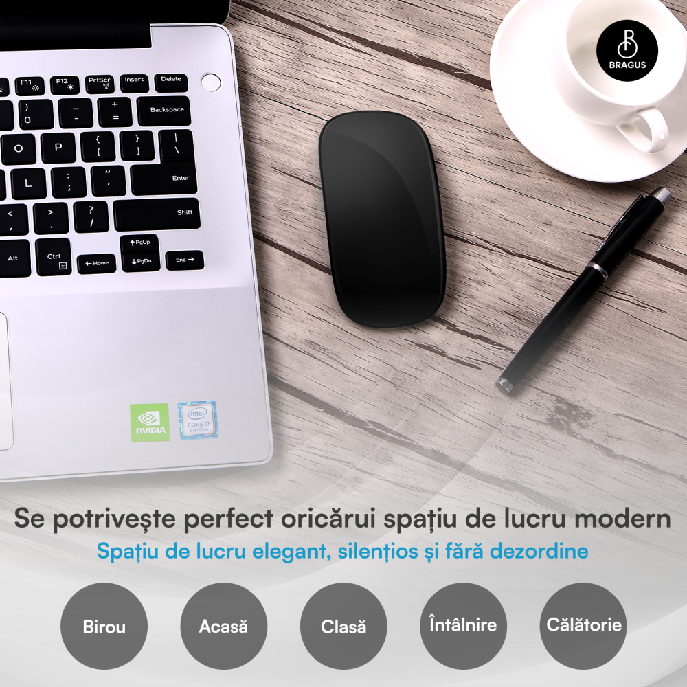 Mouse Wireless cu Gesturi, BRAGUS, Reincarcabil USB-C, Ultra Subtire, 1600 dpi, 68gr, Mouse Touch cu Gesturi, Silentios, Design Elegant, Compact, Mouse fara fir, Compatibil cu Laptop, Telefon, Tableta [8]