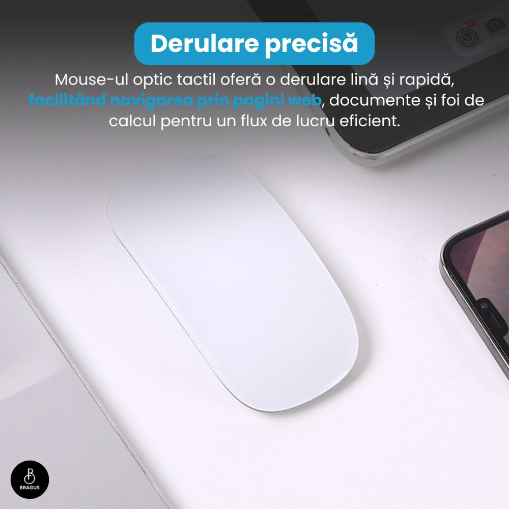 Mouse Wireless cu Gesturi, BRAGUS, Reincarcabil USB-C, Ultra Subtire, 1600 dpi, 68gr, Mouse Touch cu Gesturi, Silentios, Design Elegant, Compact, Mouse fara fir, Compatibil cu Laptop, Telefon, Tableta [14]