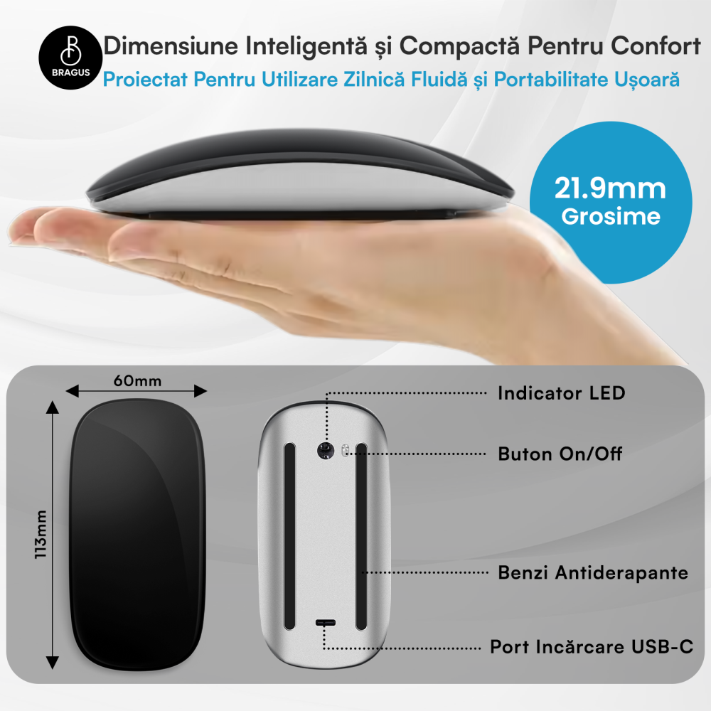 Mouse Wireless cu Gesturi, BRAGUS, Reincarcabil USB-C, Ultra Subtire, 1600 dpi, 68gr, Mouse Touch cu Gesturi, Silentios, Design Elegant, Compact, Mouse fara fir, Compatibil cu Laptop, Telefon, Tableta [3]