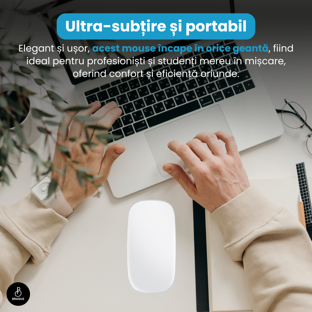 Mouse Wireless cu Gesturi, BRAGUS, Reincarcabil USB-C, Ultra Subtire, 1600 dpi, 68gr, Mouse Touch cu Gesturi, Silentios, Design Elegant, Compact, Mouse fara fir, Compatibil cu Laptop, Telefon, Tableta [10]