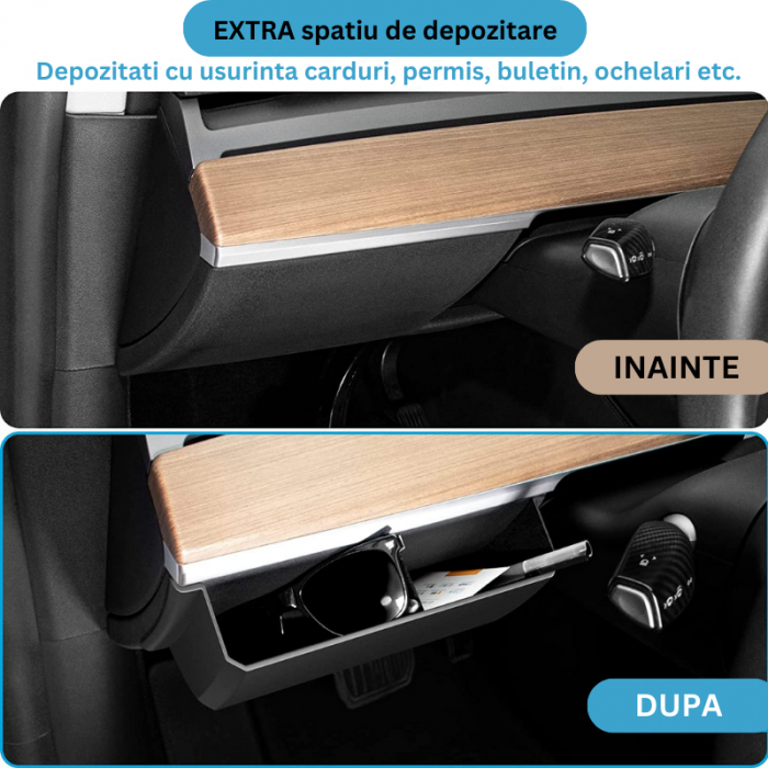 Organizator auto BRAGUS®, pentru bord, langa volan, cu 2 compartimente pentru depozitare, compatibil Tesla Model 3/Y 2021-2023, din plastic, negru [2]