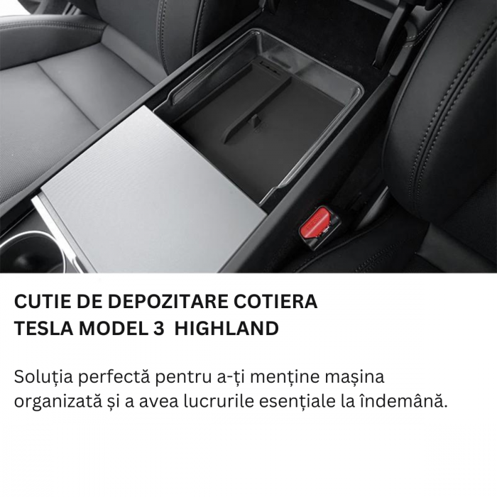 Organizator auto pentru consola centrala Tesla, cu 2 compartimente pentru depozitare, sub cotiera, compatibil Model 3 Highland, din plastic, BRAGUS®, negru [2]