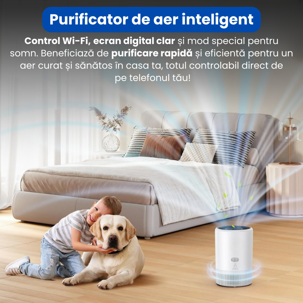 Purificator de aer BRAGUS, control inteligent prin Wi-Fi, ecran digital, mod special pentru somn, purificare rapida, filtru de carbon activ, filtrare 3in1 HEPA H13, Alexa, Google Home, alb [2]