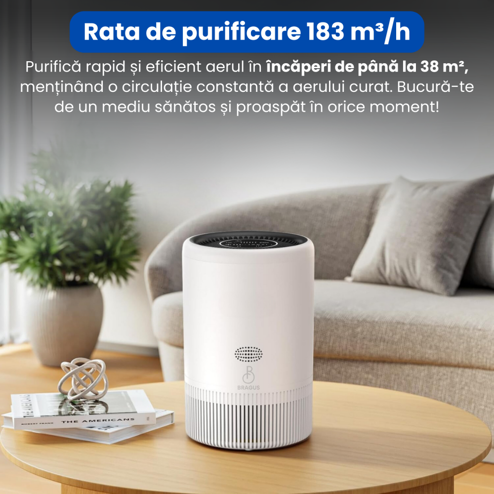 Purificator de aer BRAGUS, control inteligent prin Wi-Fi, ecran digital, mod special pentru somn, purificare rapida, filtru de carbon activ, filtrare 3in1 HEPA H13, Alexa, Google Home, alb [4]