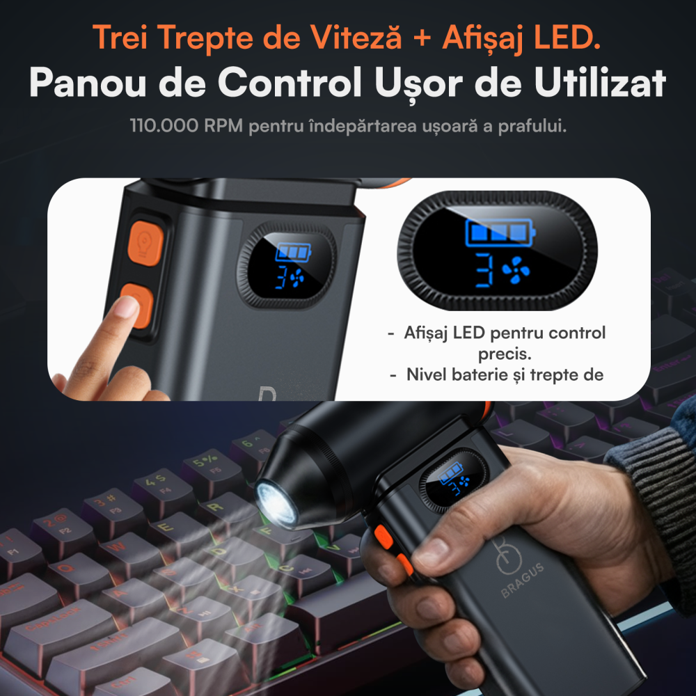 Suflanta Aer Comprimat, Portabila, Turbo 110000 RPM, 3 Trepte de Viteza, Baterie 5200 mAh, Lumina LED, Pana la 60 Minute Utilizare, Reincarcabila USB-C, Motor Brushless 100W, Pentru Curte sau Masina [8]