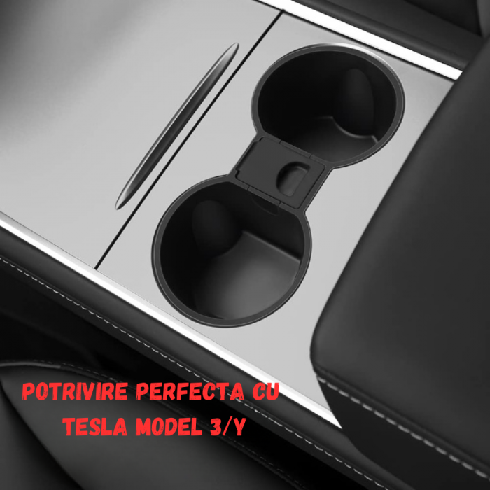 Suport auto pentru pahare, din silicon, cu depozitare incorporata, compatibil cu Tesla Model 3 2021-2023, Tesla Model Y 2021-2024, detasabil, BRAGUS®, negru [5]